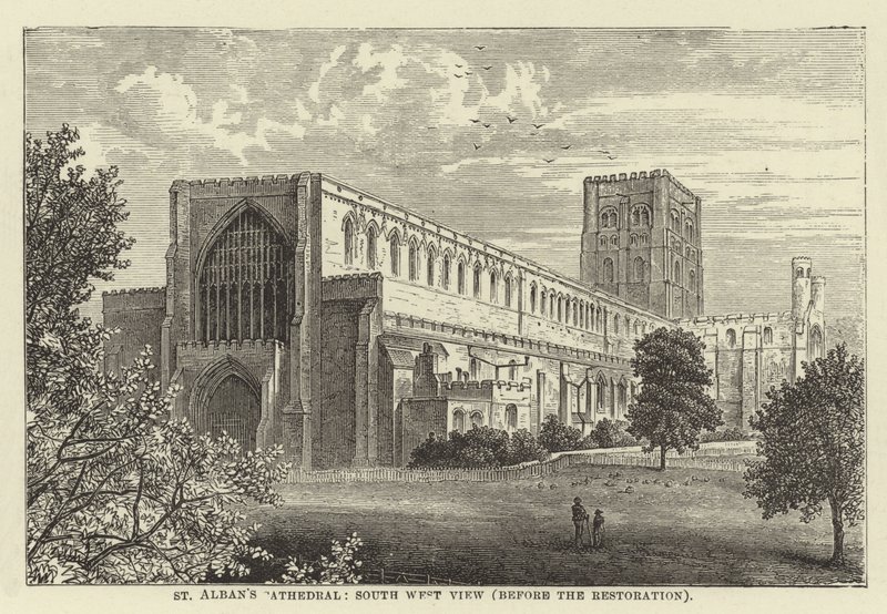 Catedral de St Albans, vista a sudoeste, antes da restauração de English School