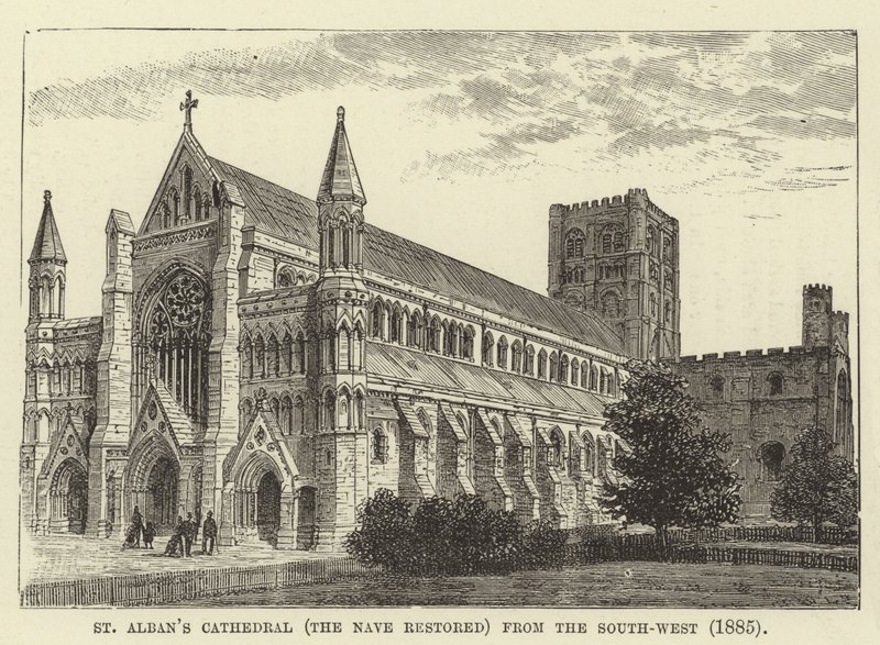 Catedral de St Albans, a nave restaurada, do sudoeste, 1885 de English School