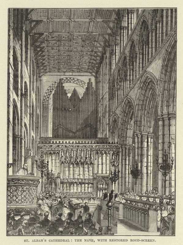 Catedral de St Albans, a nave, com tela rood restaurada de English School