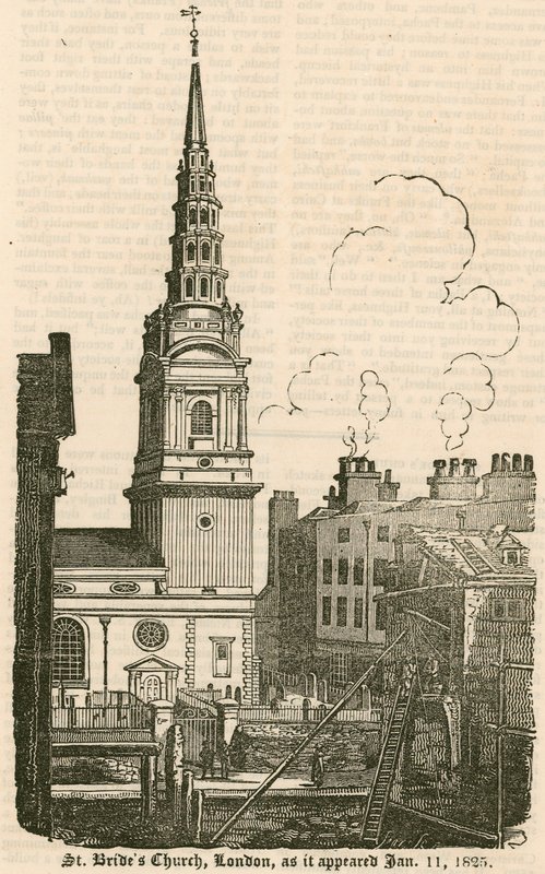 St Brides Church, Fleet Street, Londres, como apareceu 11 de janeiro de 1825 de English School