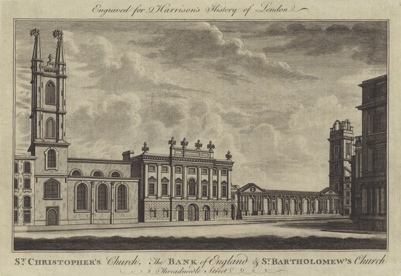 Igreja de São Cristóvão, Banco de Inglaterra e Igreja de São Bartolomeu, Rua Threadneedle (gravura) de English School
