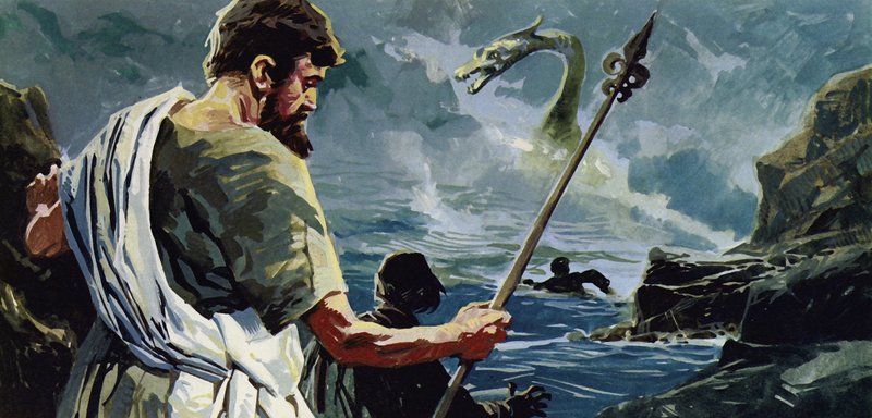 St Columba chegou ao Loch Ness e viu um homem que havia sido ferido por um grande monstro aquático de English School