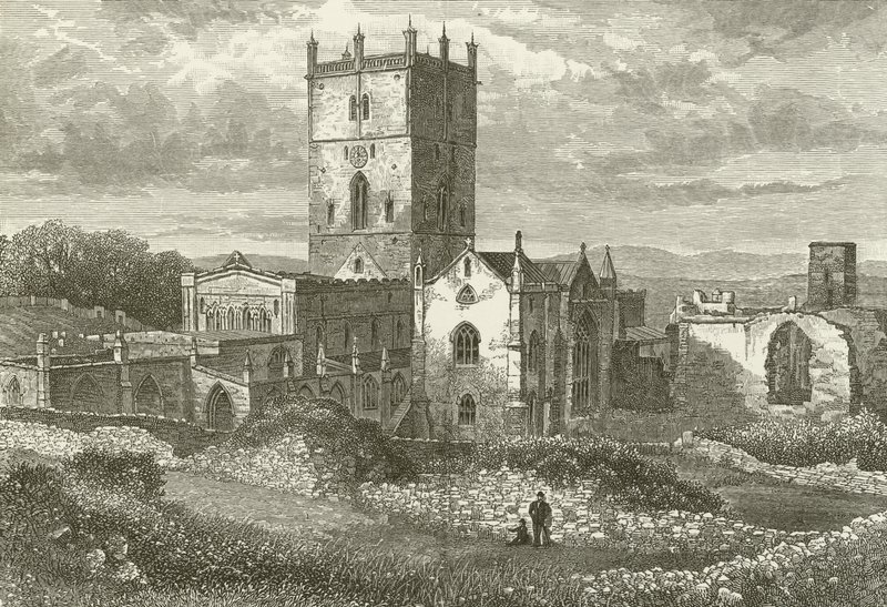 Catedral de St. Davids e da faculdade, do nordeste de English School