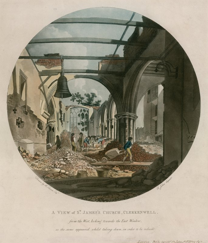 St Jamess Church, Clerkenwell, enquanto sendo demolida de English School