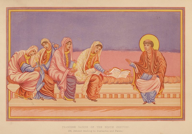 São Jerónimo lendo para Eustáquia e Paula (litografia a cores) de English School
