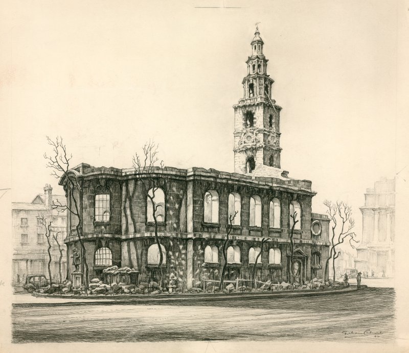 St Mary-Le-Strand, Londres, esboço de lápis datado de 1942 de English School