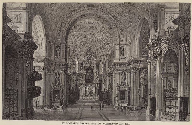 A Igreja de São Miguel, Munique, começou em 1538 d.C. (gravura) de English School