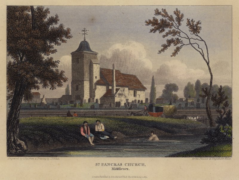 Igreja de São Pancras, Middlesex (gravura colorida) de English School