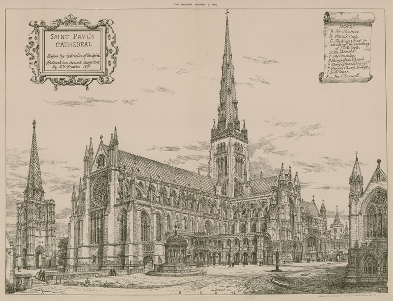 St Pauls Cathedral, em Londres, antes da destruição da torre de English School