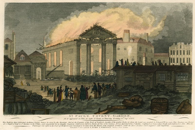 St Pauls, Covent Garden, Londres, como apareceu em chamas na noite de 17 de setembro de 1795 de English School