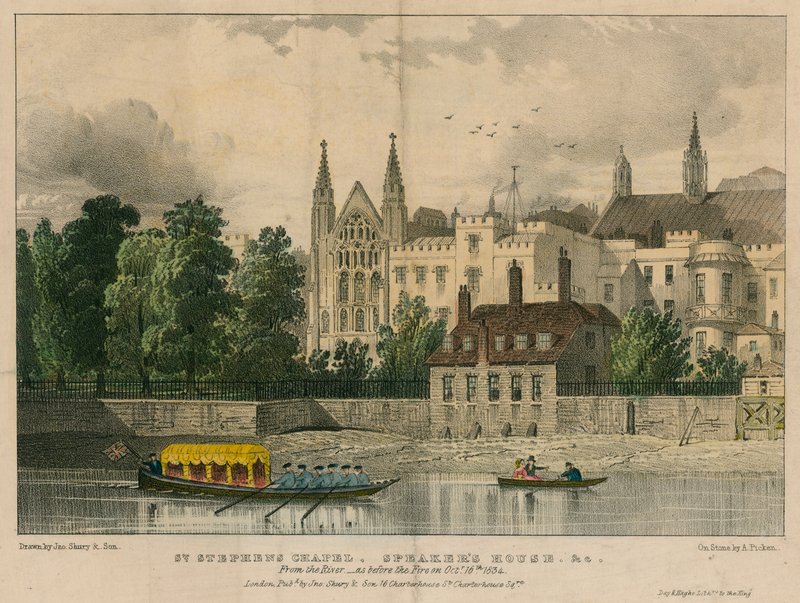 Capela de St Stephens, casa dos oradores, etc., Westminster, Londres, do rio Tâmisa de English School