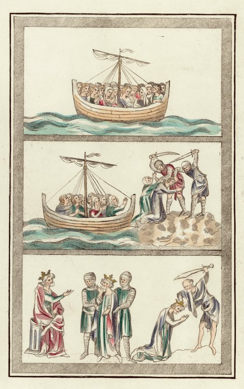 Santa Úrsula com os seus companheiros virgens, Martírio de Santa Úrsula, Martírio de São Alban (gravura colorida) de English School