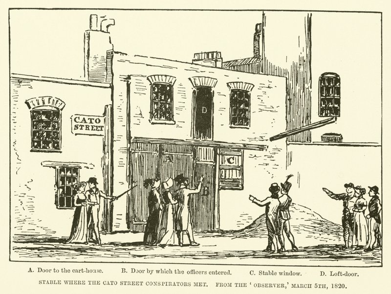 Estábulo onde os Conspiradores da Rua Cato se encontraram, do Observador, 5 de Março de 1820 (gravura) de English School