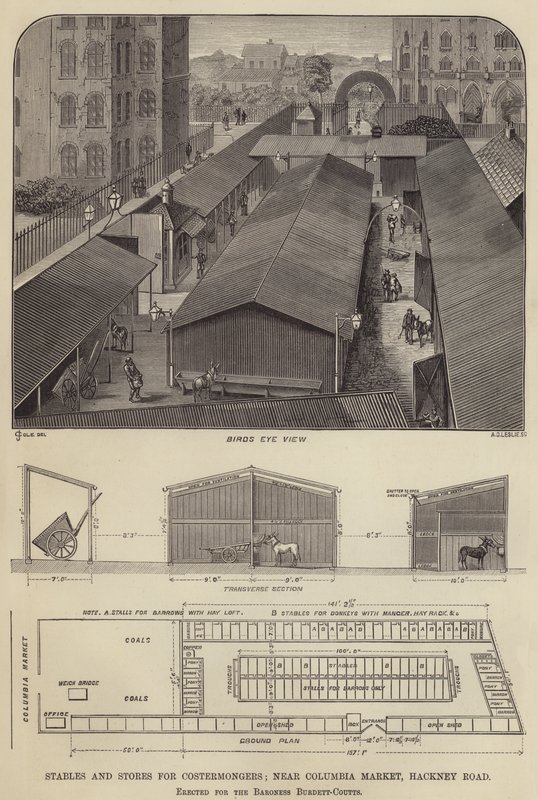 Estábulos e Lojas para Costermongers, perto do Columbia Market, Hackney Road, construídos para a Baroness Burdett-Coutts (gravura) de English School