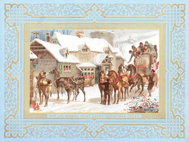 Stagecoach e cavalos fora do bar, cartão de Natal de English School