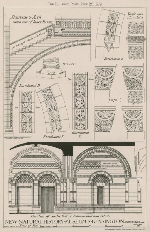 Escadaria e arco e elevação da parede sul do hall de entrada do novo Museu de História Natural, South Kensington de English School