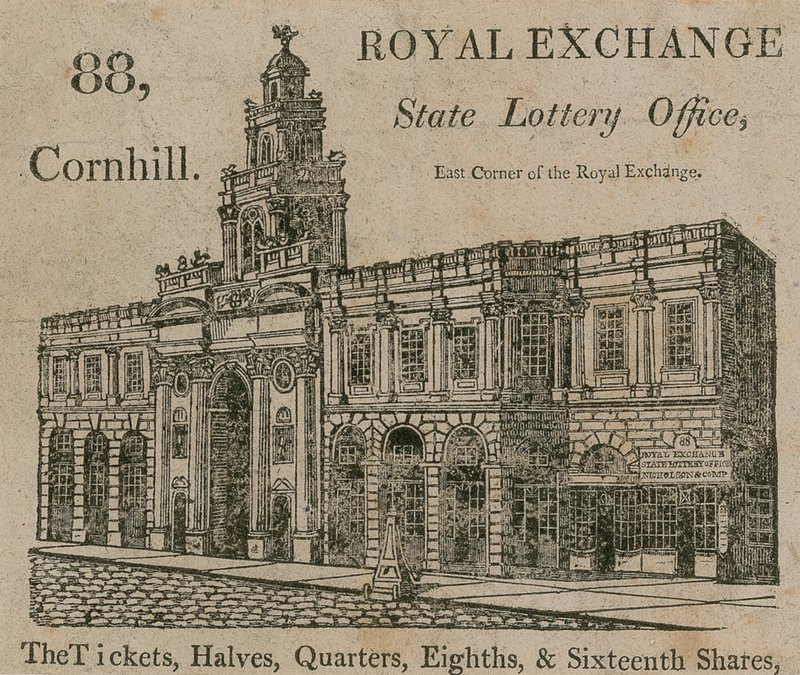Escritório da Loteria do Estado, canto leste da Royal Exchange, 88 Cornhill, Londres de English School