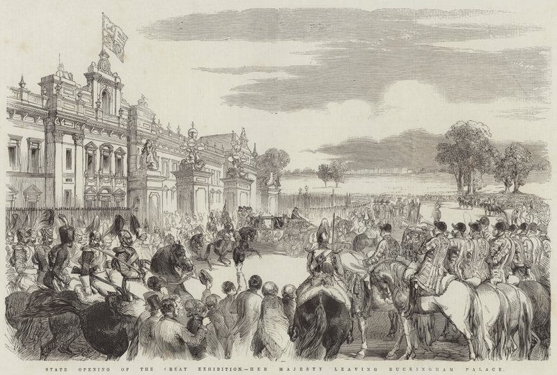 Abertura Estatal da Grande Exposição, Sua Majestade saindo do Palácio de Buckingham (gravura) de English School