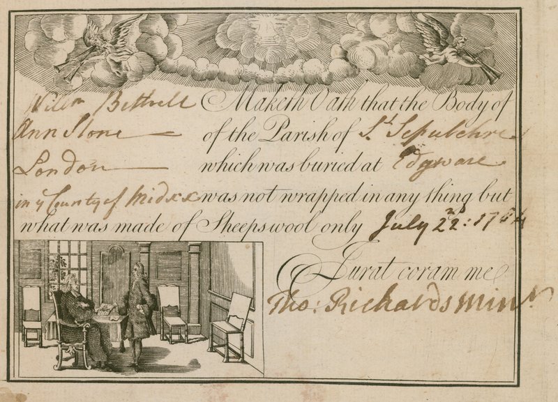 Declaração de que Ann Slone foi enterrada em lã de ovelha, 1784 de English School