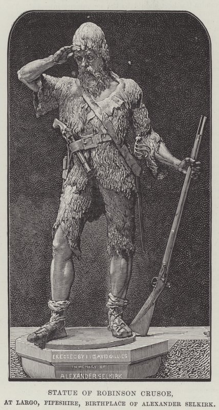 Estátua de Robinson Crusoe, em Largo, Fifeshire, Berço de Alexander Selkirk (gravura) de English School