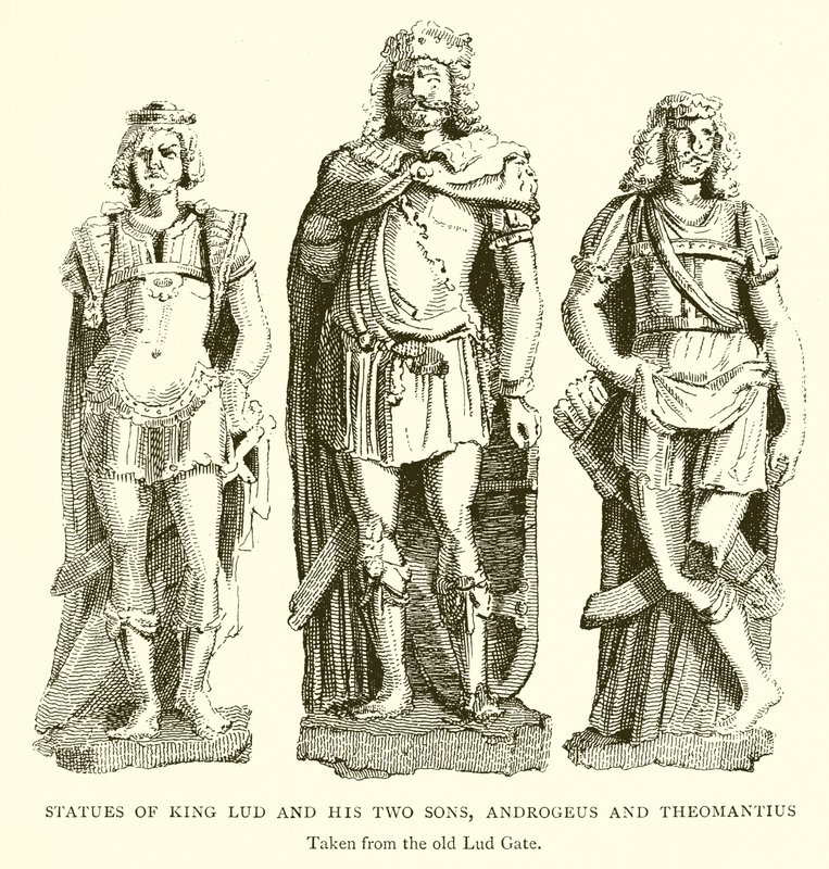 Estátuas do rei Lud e seus dois filhos, Androgeus e Theomantius de English School