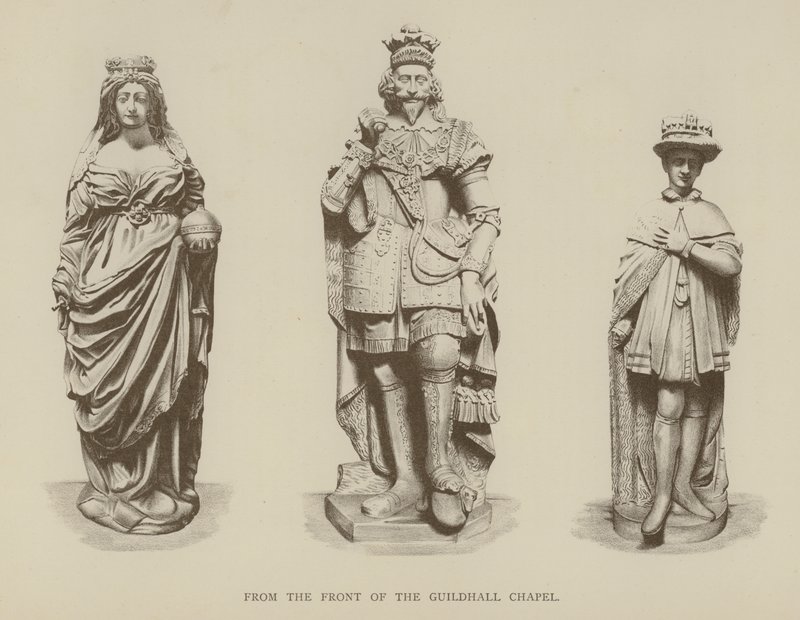 Estátuas da Rainha Elizabeth I, Rei Carlos I e Rei Eduardo VI da frente da Capela de Guildhall, Cidade de Londres de English School