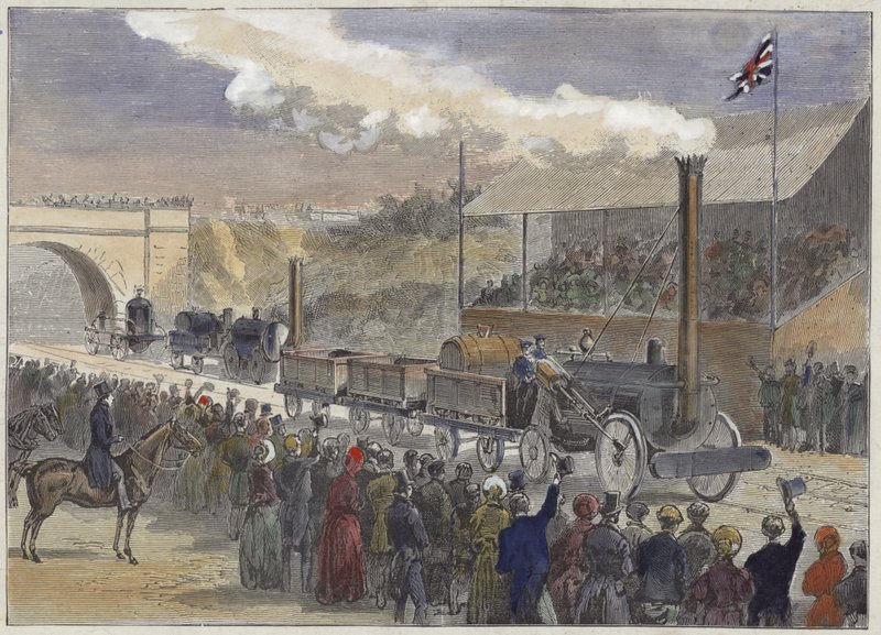 Stephensons Rocket chega em primeiro lugar na competição de locomotivas em Rainhill em 1829 de English School