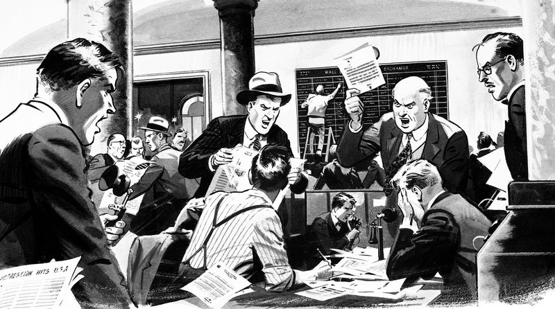 Escritório da corretora durante o crash de Wall Street em 1929 de English School