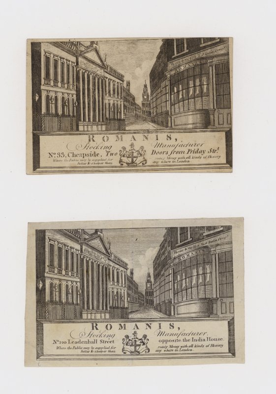 Fabricantes de estoques, Romanis, na Cheapside e depois na Leadenhall Street, cartão comercial de English School
