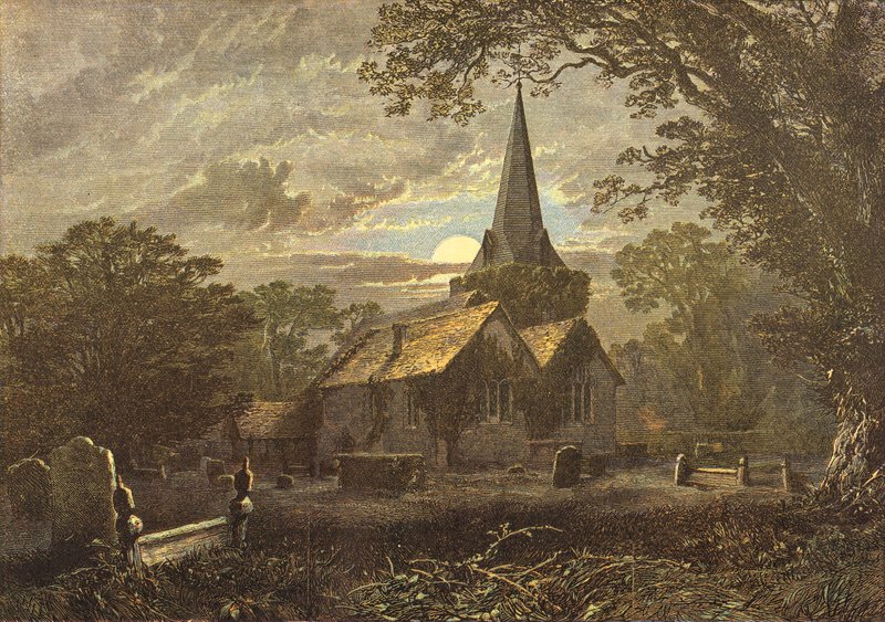 Pátio da Igreja de Stoke Poges, cena da Elegia de Gray (gravura) de English School
