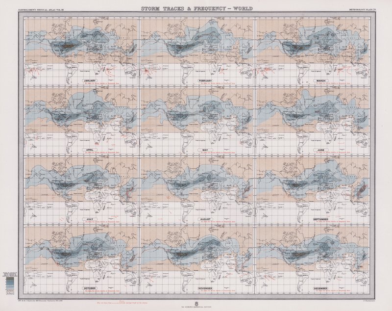 Trajectos e frequência das tempestades, mundo (litografia a cores) de English School