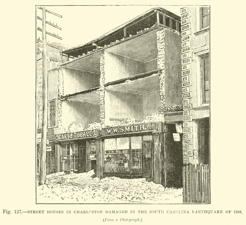 Casas de rua em Charleston danificado no terremoto de Carolina do Sul de 1886 de English School