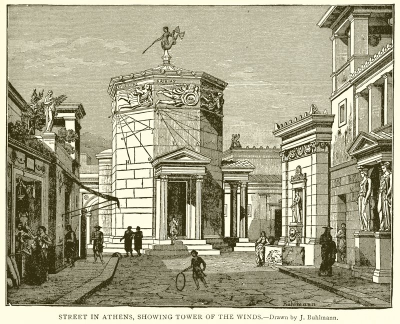 Rua em Atenas, mostrando a Torre dos Ventos de English School