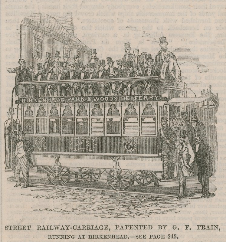 Transporte ferroviário de rua, patenteado pela GF Train, rodando em Birkenhead de English School