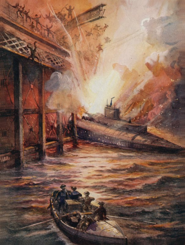 Submarino C3, cheio de explosivos altos, carregando a toupeira em Zeebrugge de English School