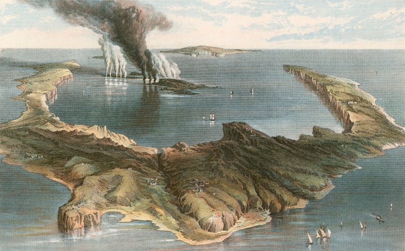 Vulcão submarino - a ilha de Santorini, durante a erupção de 1866 de English School
