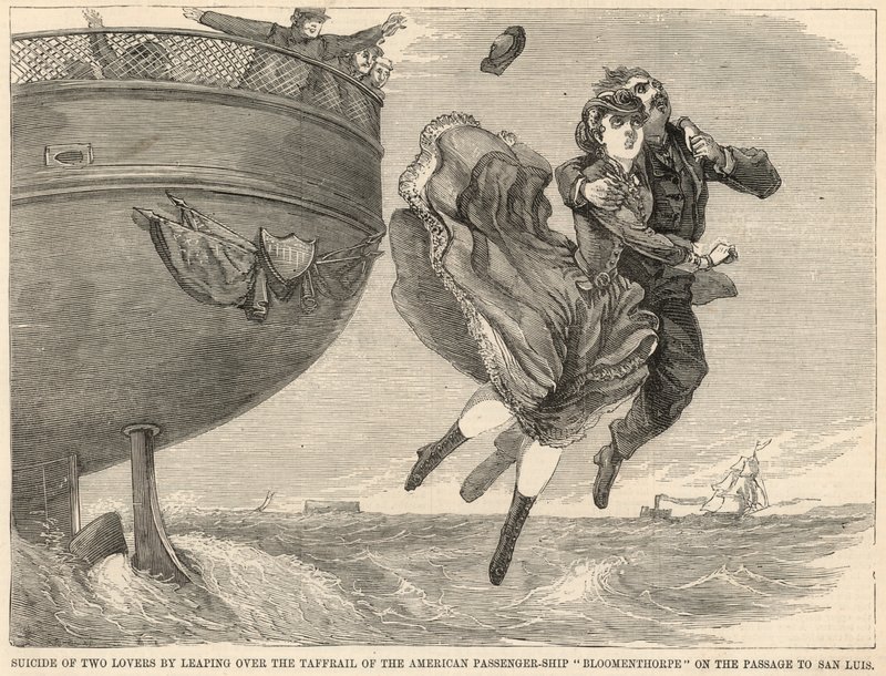 Suicídio de dois amantes saltando sobre o taffrail do navio de passageiros americano Bloomenthorpe de English School
