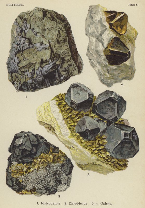 Sulfuretos, molibdenite, zinco-blende, galena (cor litho) de English School