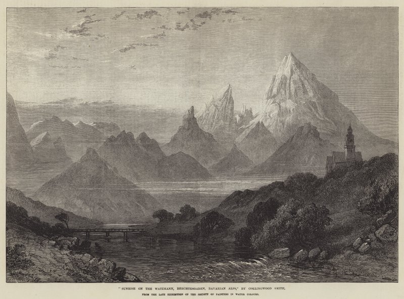 Nascer do Sol nos Watzmann, Berchtesgaden, Alpes da Baviera (gravura) de English School