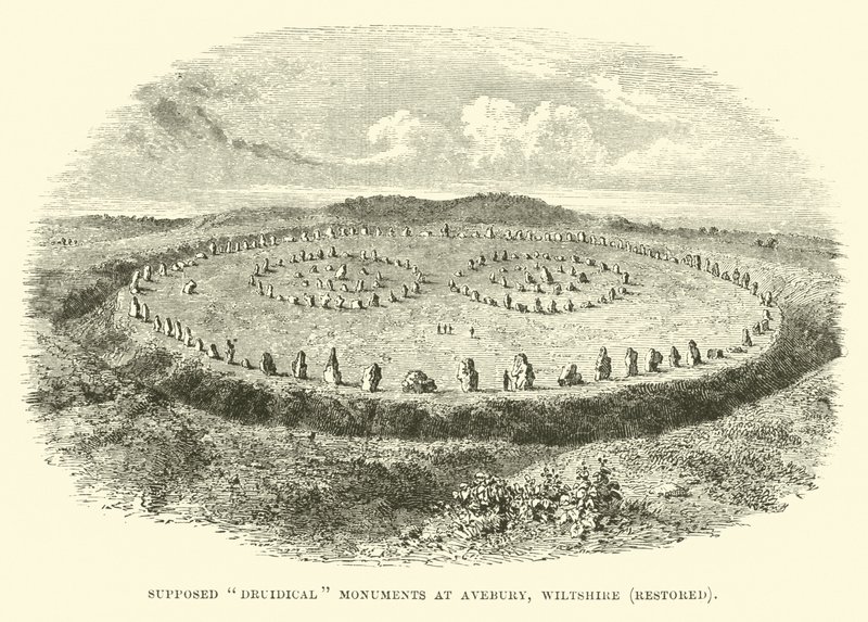 Supostos monumentos druídicos em Avebury, Wiltshire, restaurados de English School