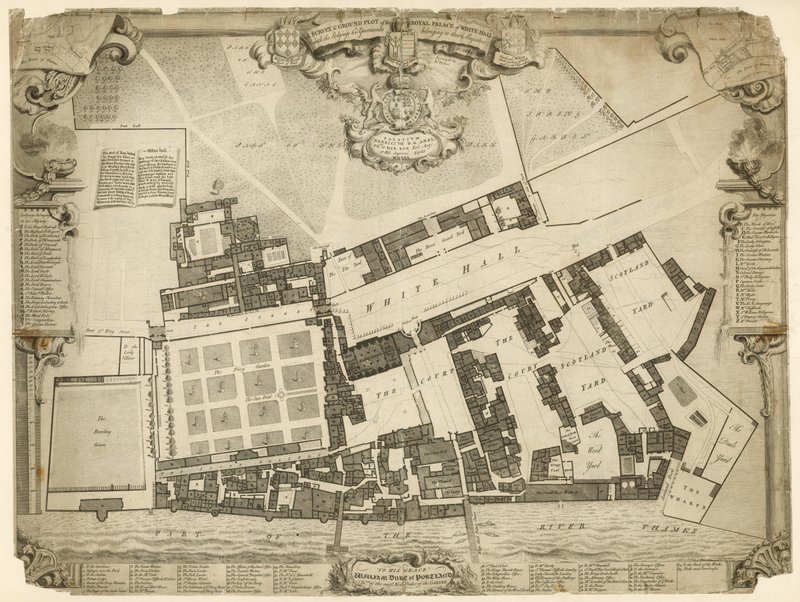 Levantamento e terreno do Palácio Real de Whitehall, 1680, com os alojamentos e apartamentos pertencentes a suas Majestades de English School