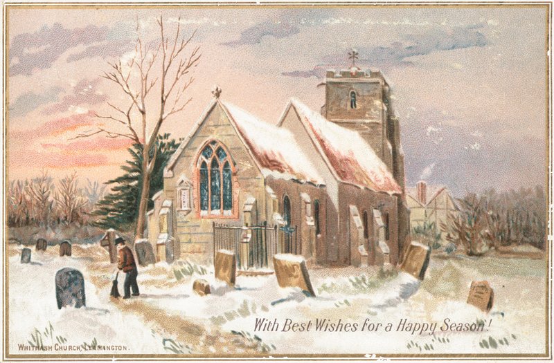 Varrendo a neve ausente no churchyard, cartão de Natal de English School