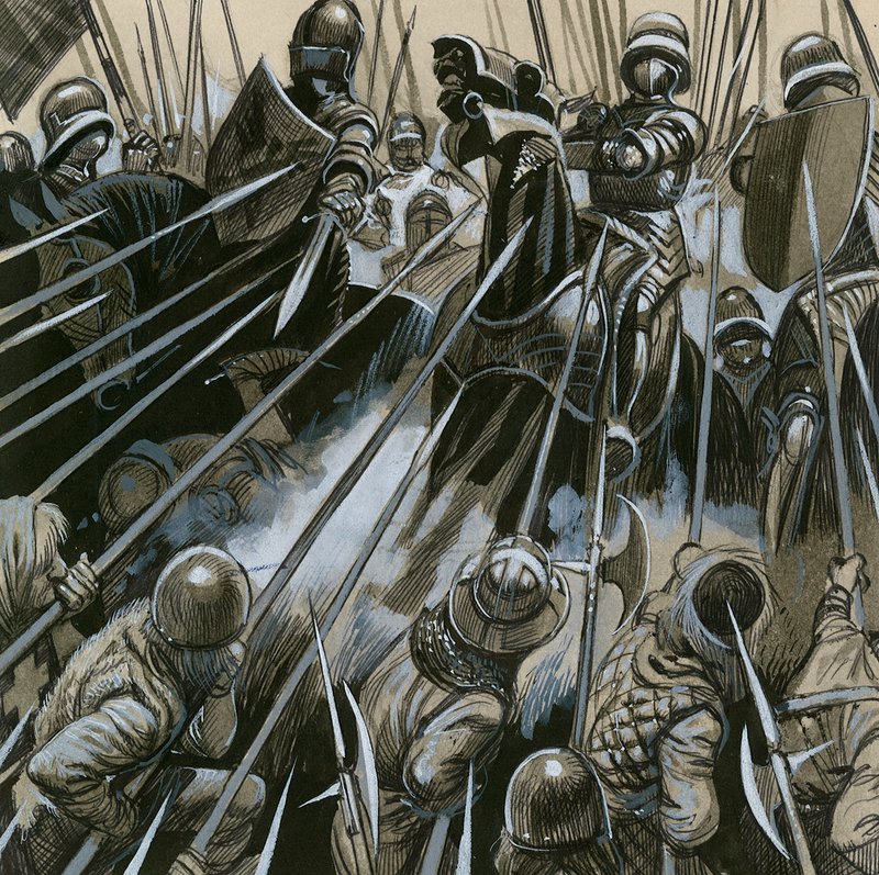 Soldados suíços derrotando o exército borgonhês em 1476-77 de English School