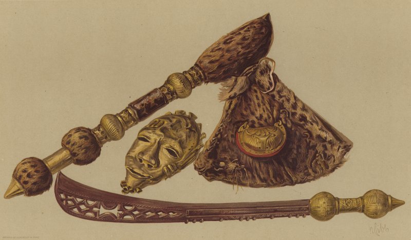 Espada, machado e máscara de ouro capturados na Expedição Ashantee (chromolitho) de English School