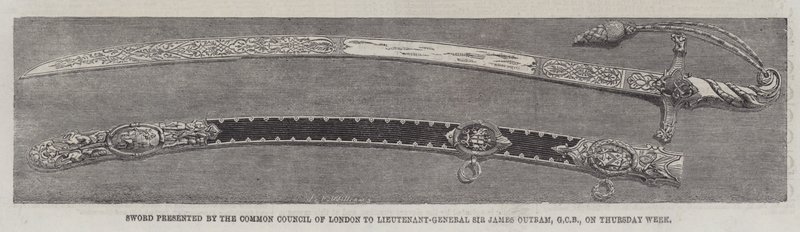 Espada apresentada pelo Conselho Comum de Londres ao Tenente-General Sir James Outram, GCB, na semana de quinta-feira (gravura) de English School