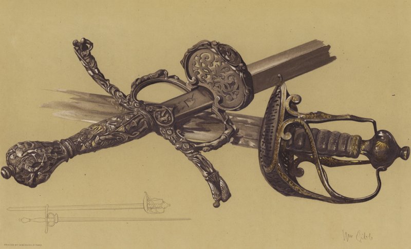 Espadas de Oliver Cromwell e John Hampden (cromolitografia) de English School