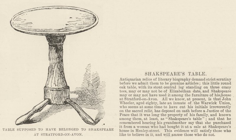 Mesa supostamente pertencente a Shakspeare em Stratford-on-Avon (gravura) de English School