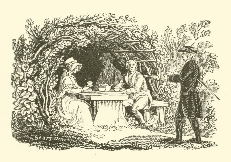 Tomar chá no jardim (xilogravura) de English School
