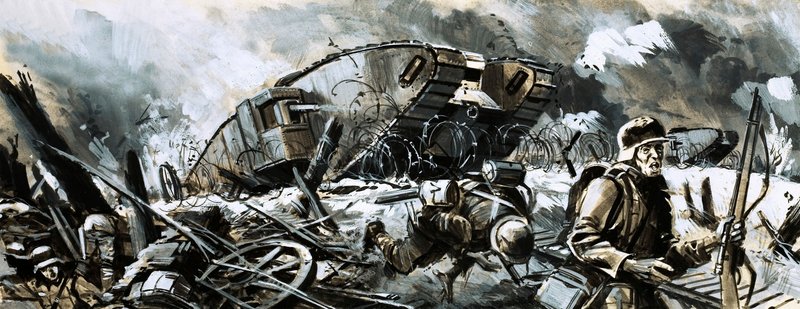Os tanques apareceram pela primeira vez durante a Primeira Guerra Mundial (guache no papel) de English School