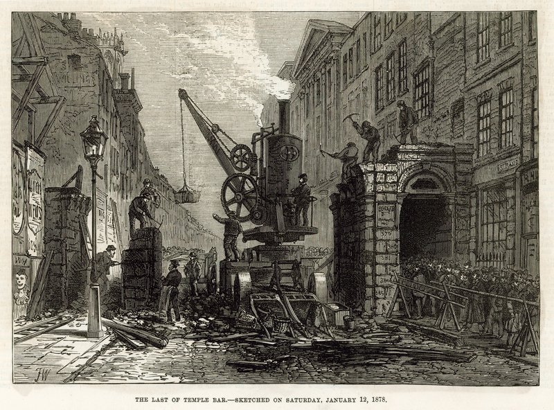 Temple Bar, em Londres. Demolição, 12 de janeiro de 1878 de English School